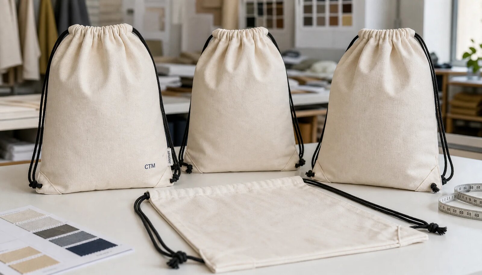 Natural cotton drawstring backpacks with CTM sample logo in a factory sample room for hotel retail inspection