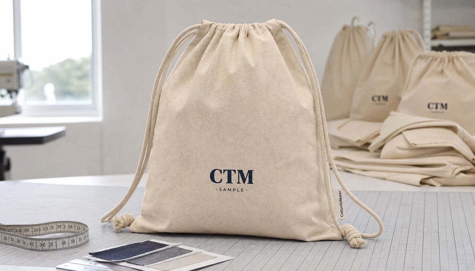 Natural cotton drawstring backpack sample with CTM logo for hotel retail sourcing
