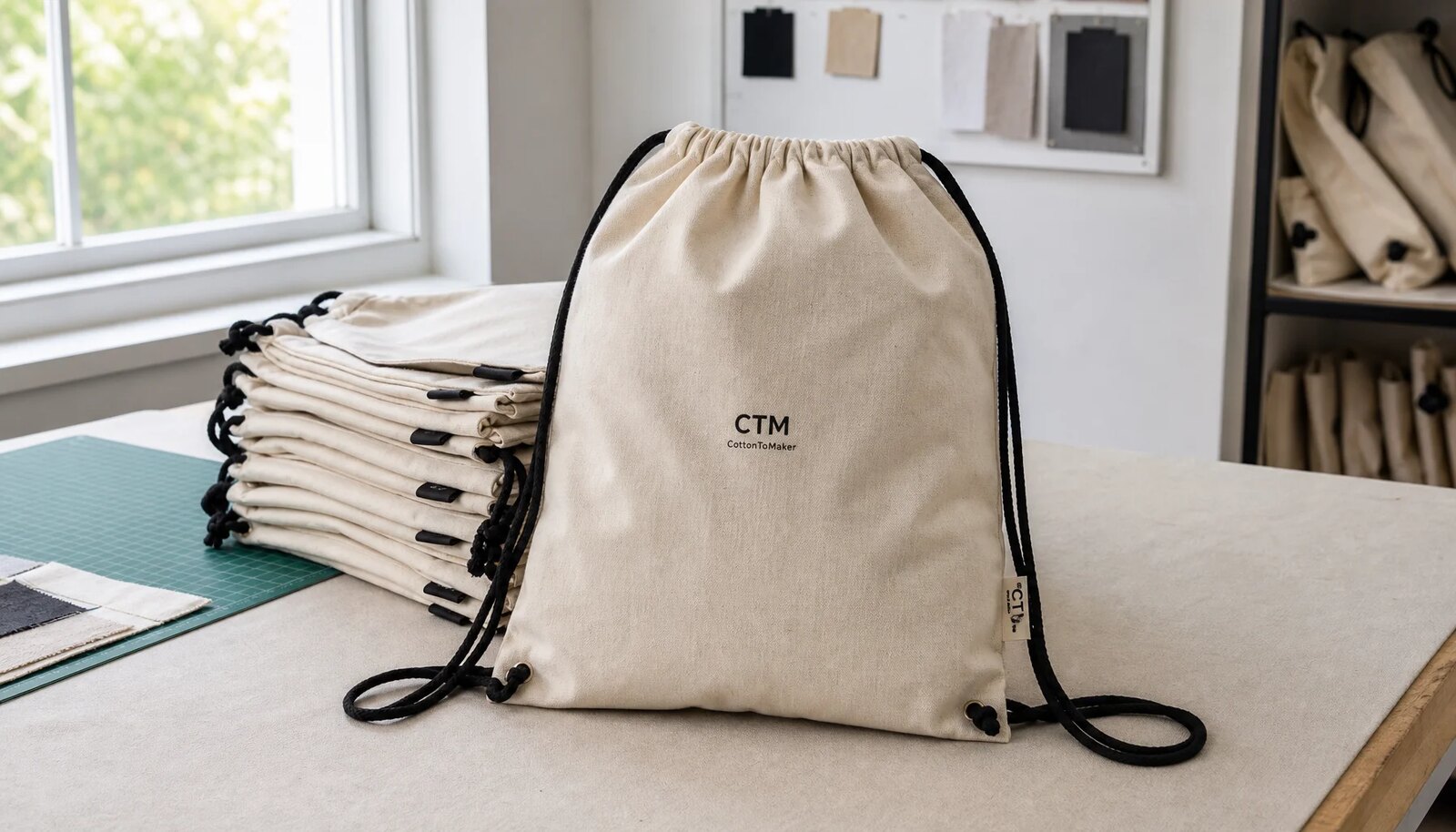 Natural cotton drawstring backpack sample with CTM logo in a factory sample room