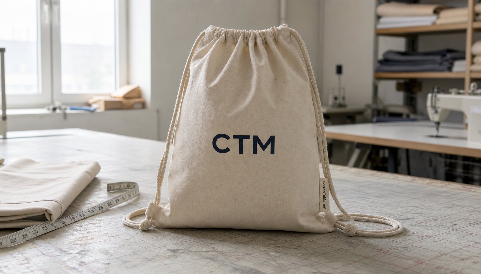 Cotton drawstring backpack with a simple CTM sample logo in a clean factory sample room.