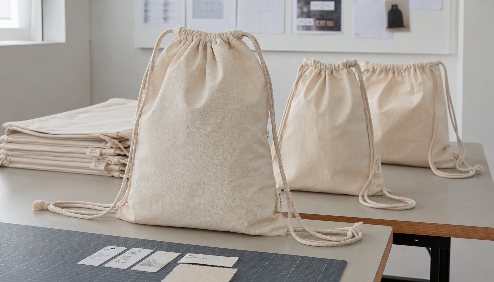 Natural cotton drawstring backpacks with a small CTM woven side label displayed in a clean factory sample room