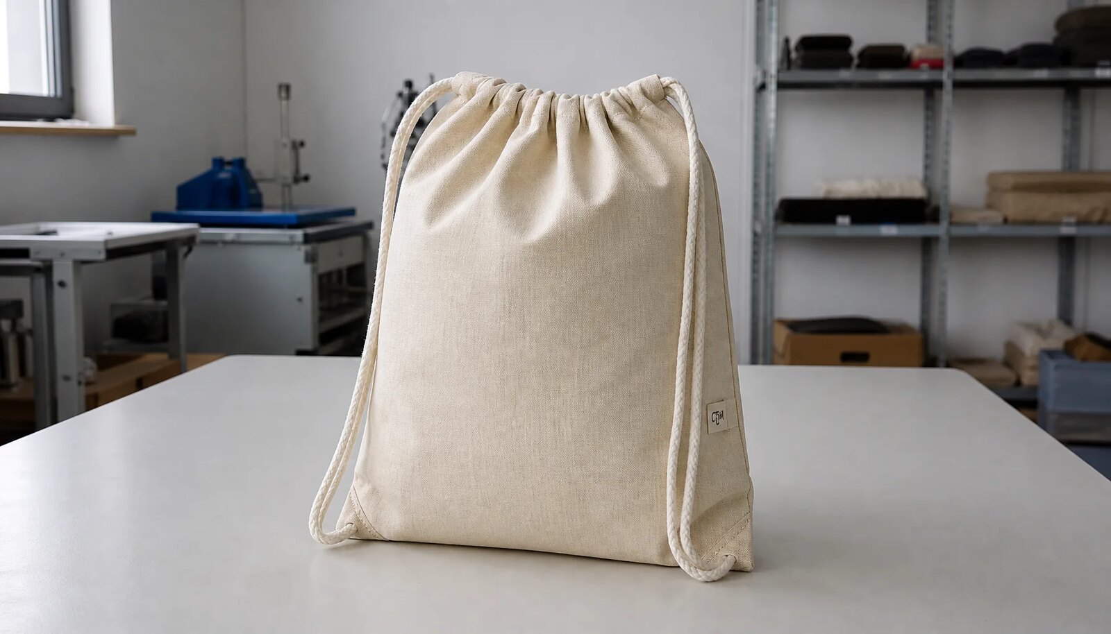 Cotton drawstring backpack with CTM woven side label in a factory sample room