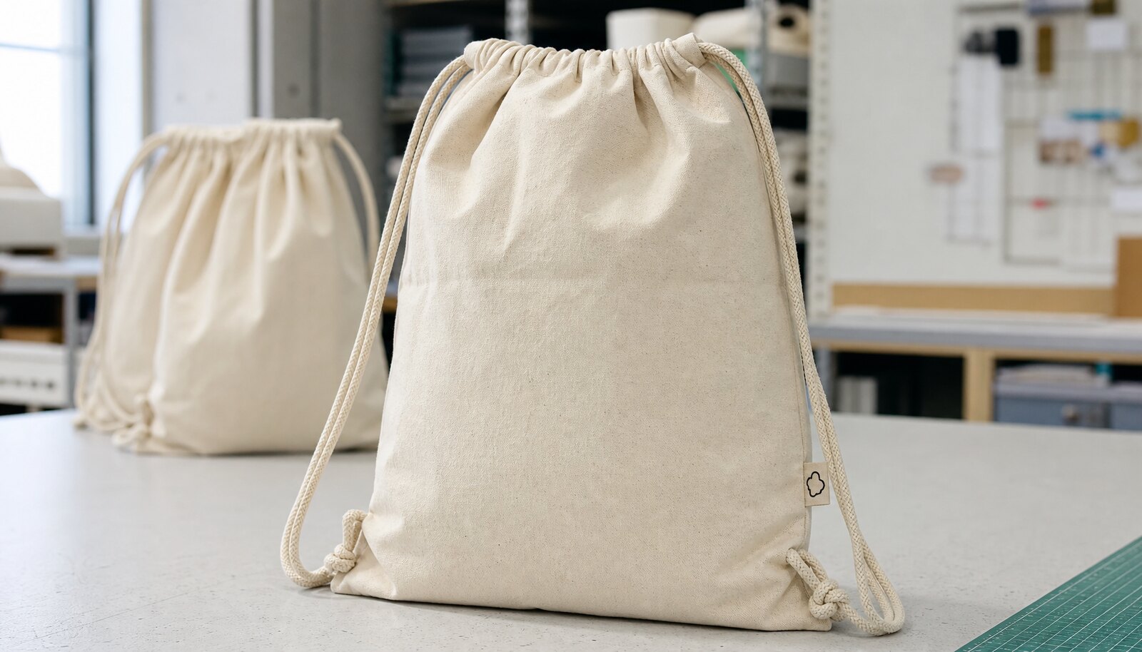 Natural cotton drawstring backpack with CTM sample logo in a clean factory sample room