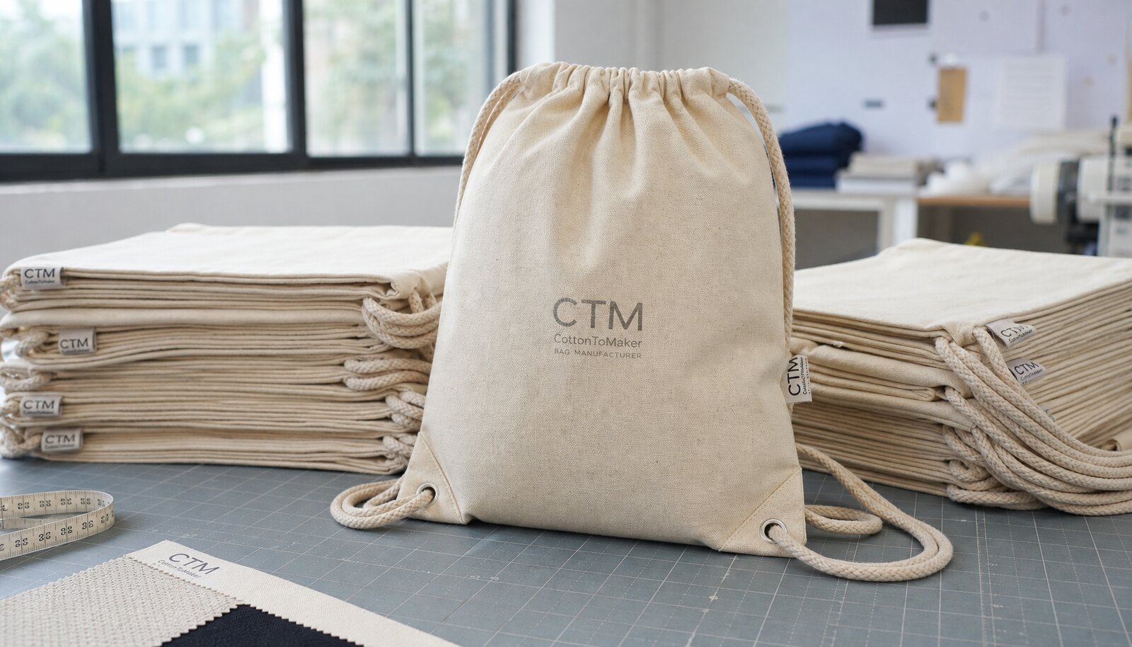 Cotton drawstring backpacks with a small CTM CottonToMaker side label in a factory sample room