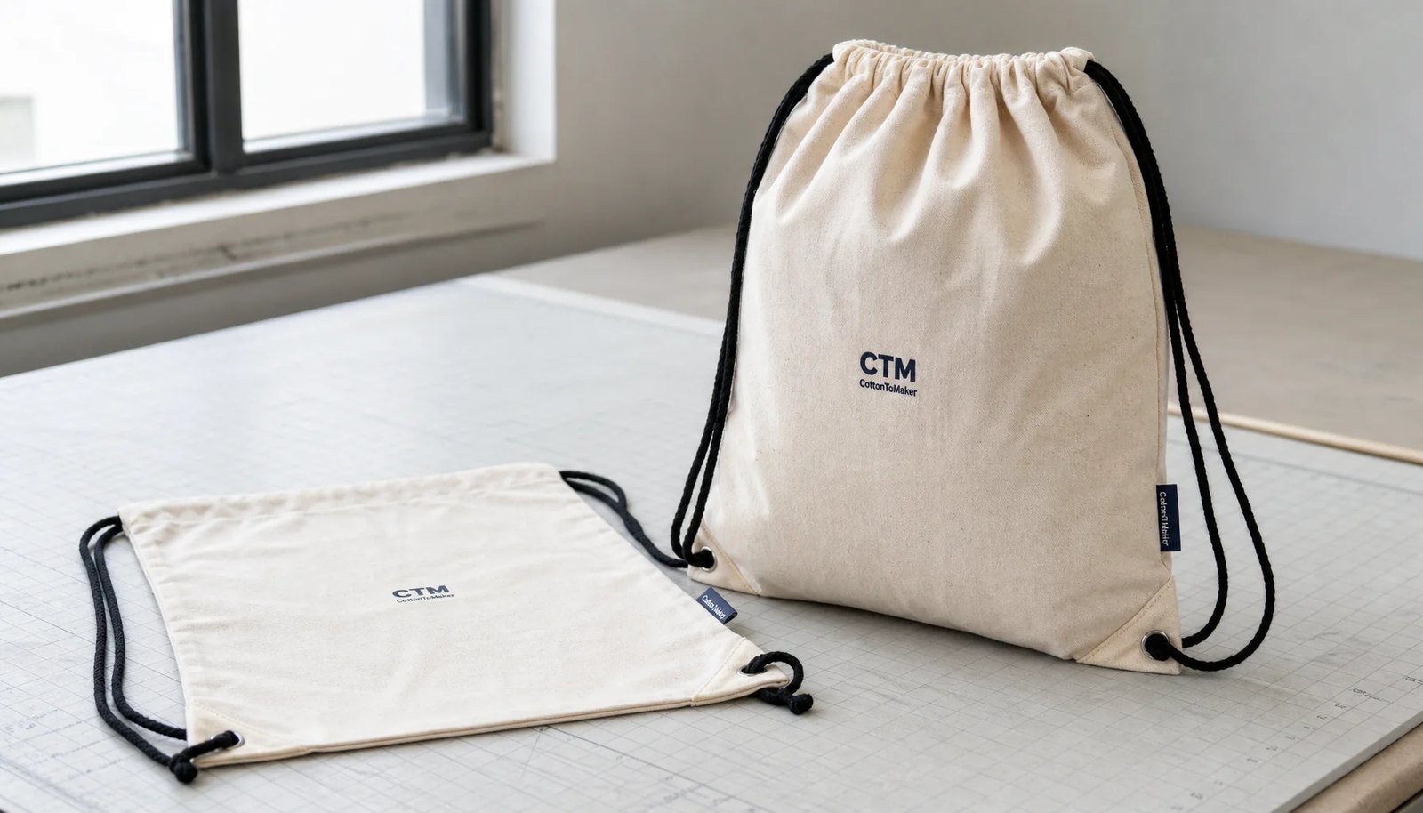 Natural cotton drawstring backpacks with CTM logo in a factory sample room