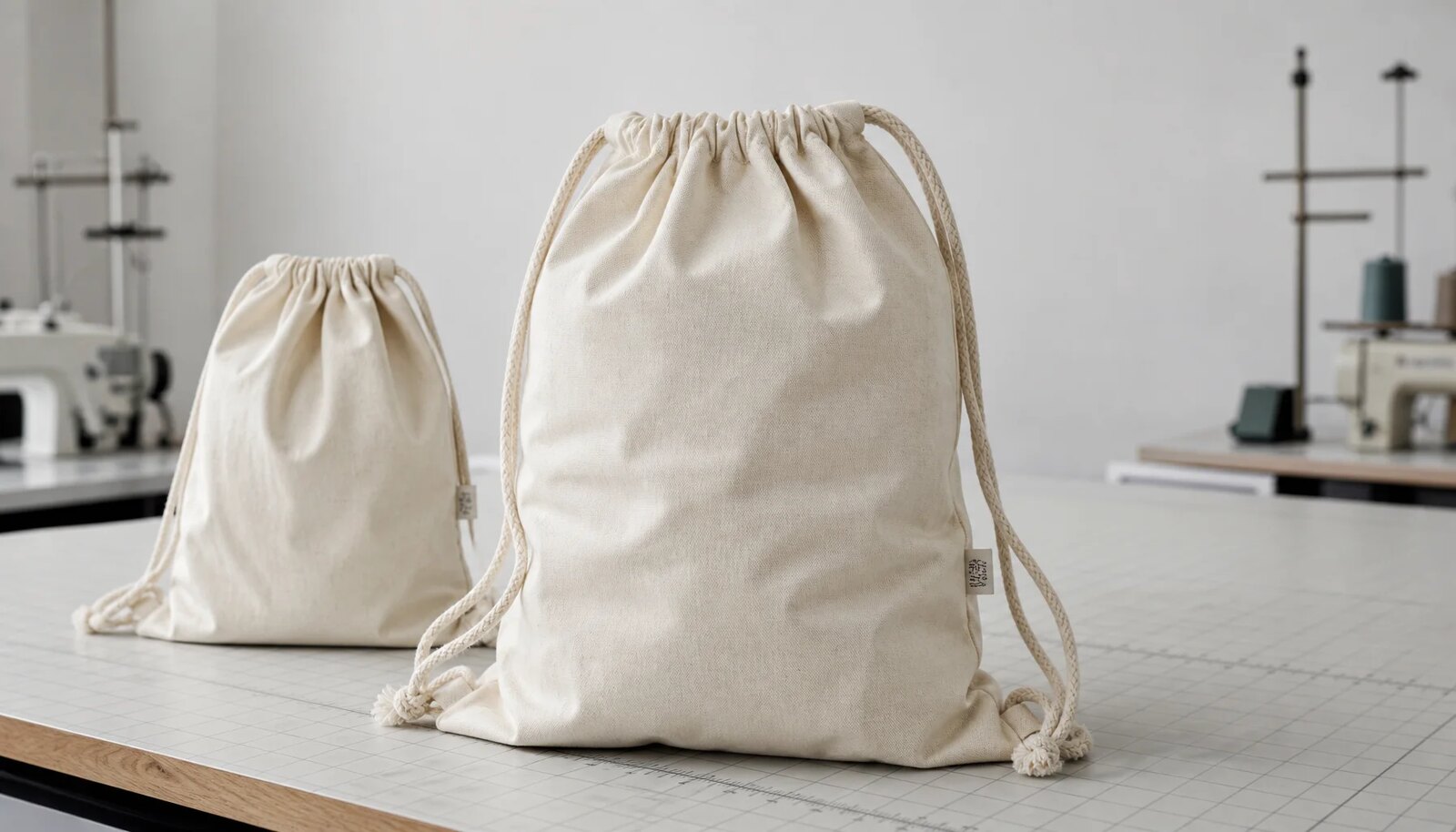 Natural cotton drawstring backpack with a small CTM side label in a clean factory sample room