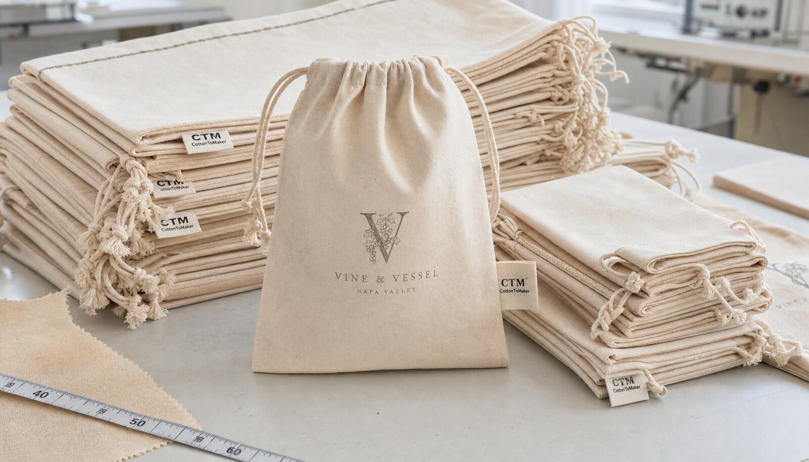 Natural cotton drawstring pouches with a small CTM/CottonToMaker side label in a clean factory sample room
