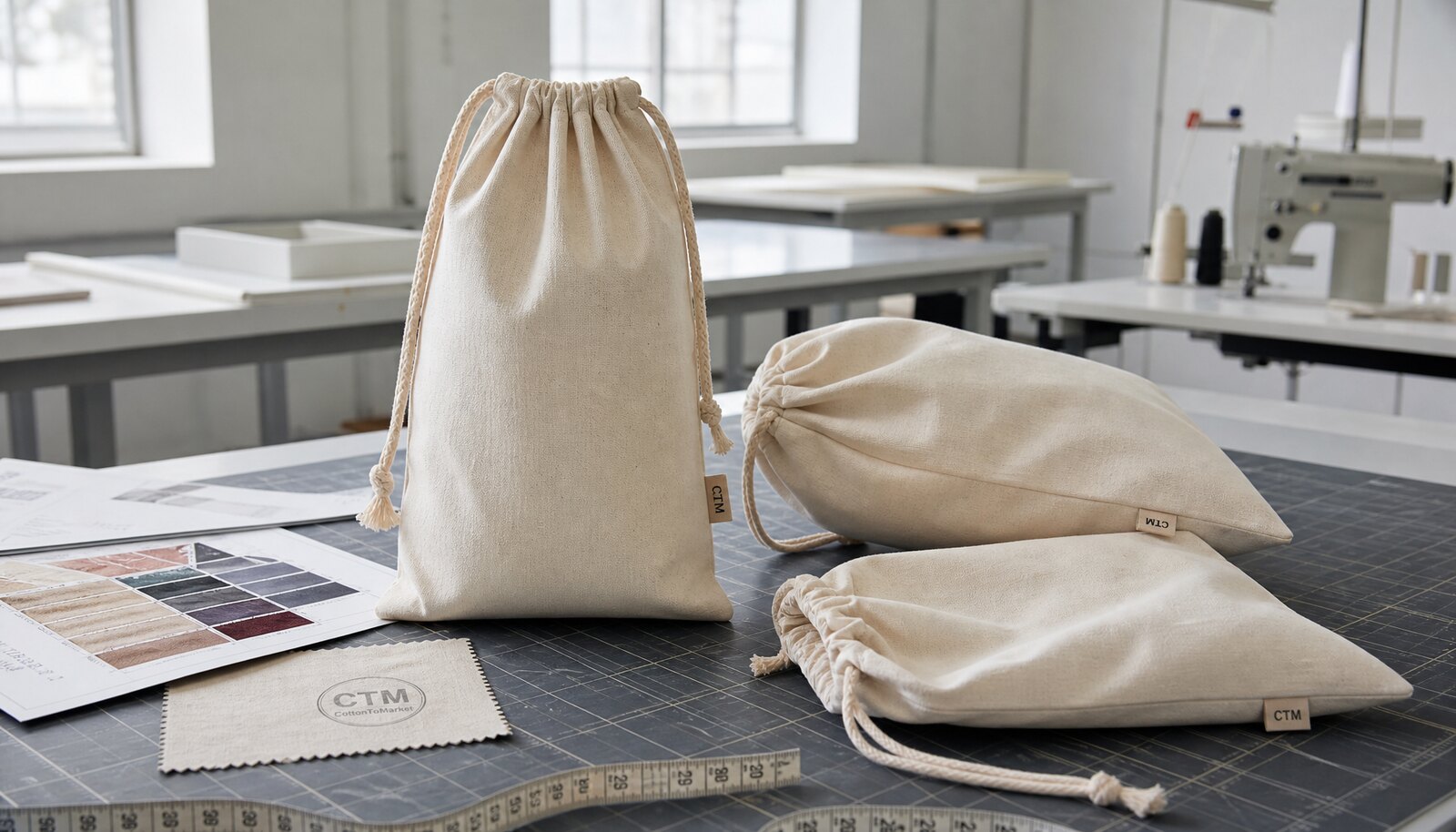 Natural cotton drawstring pouches with a simple CTM sample logo in a factory sample room