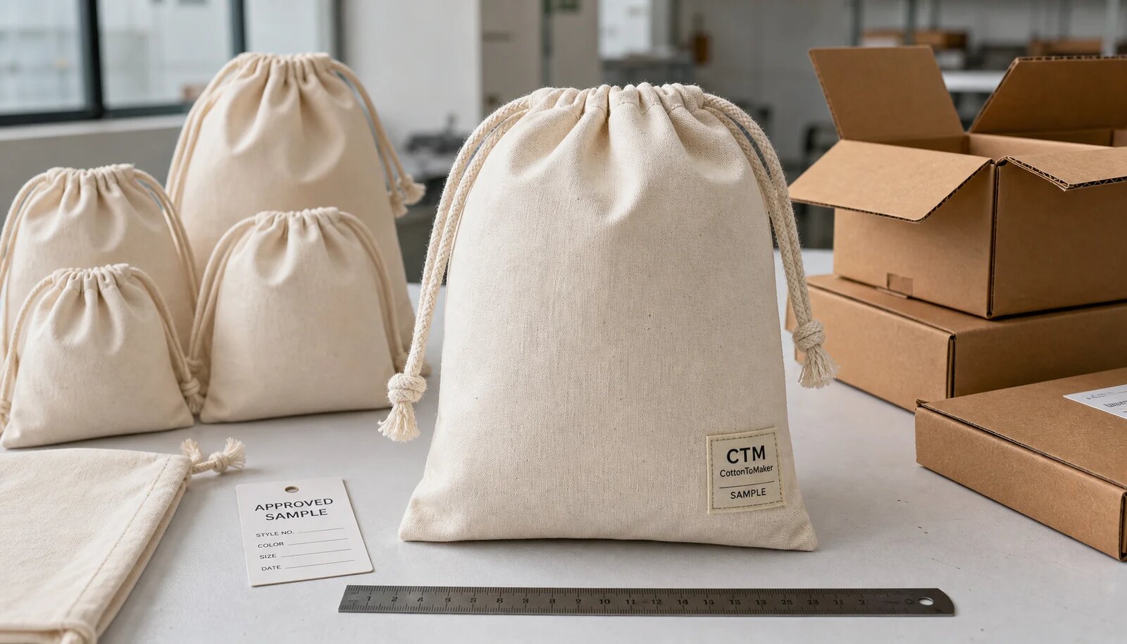 Natural cotton drawstring pouches with visible stitching, measurement ruler, and a small CTM sample label in a factory sample room