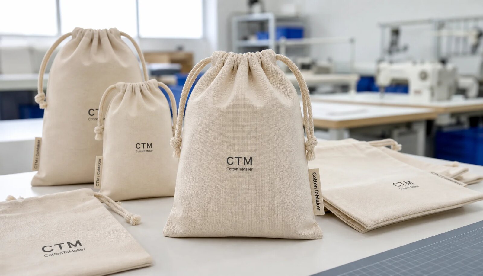 Natural cotton drawstring pouches in a factory sample room with a small CTM sample logo printed on the product