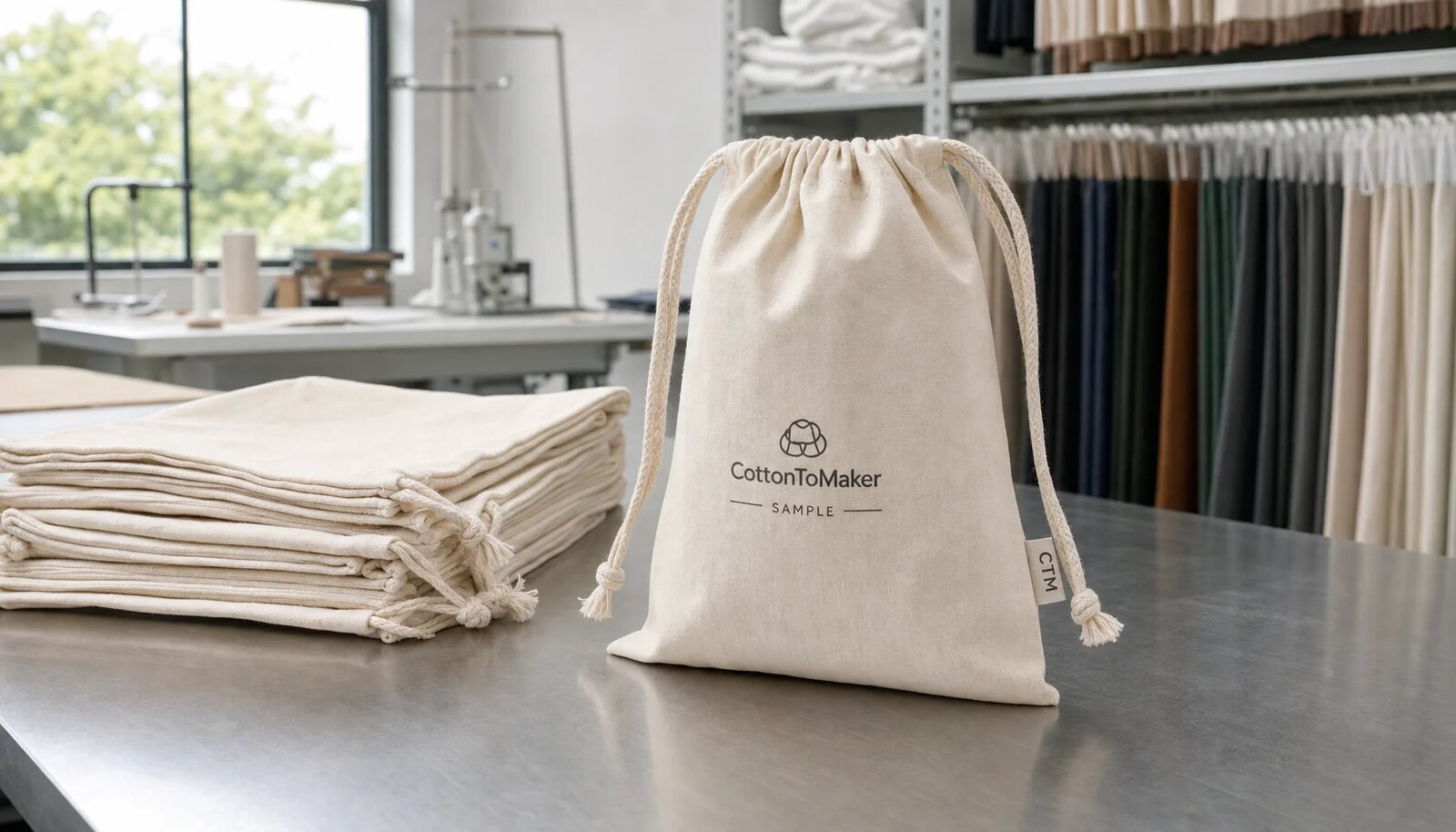 Cotton drawstring pouches with a simple CTM sample logo in a factory sample room