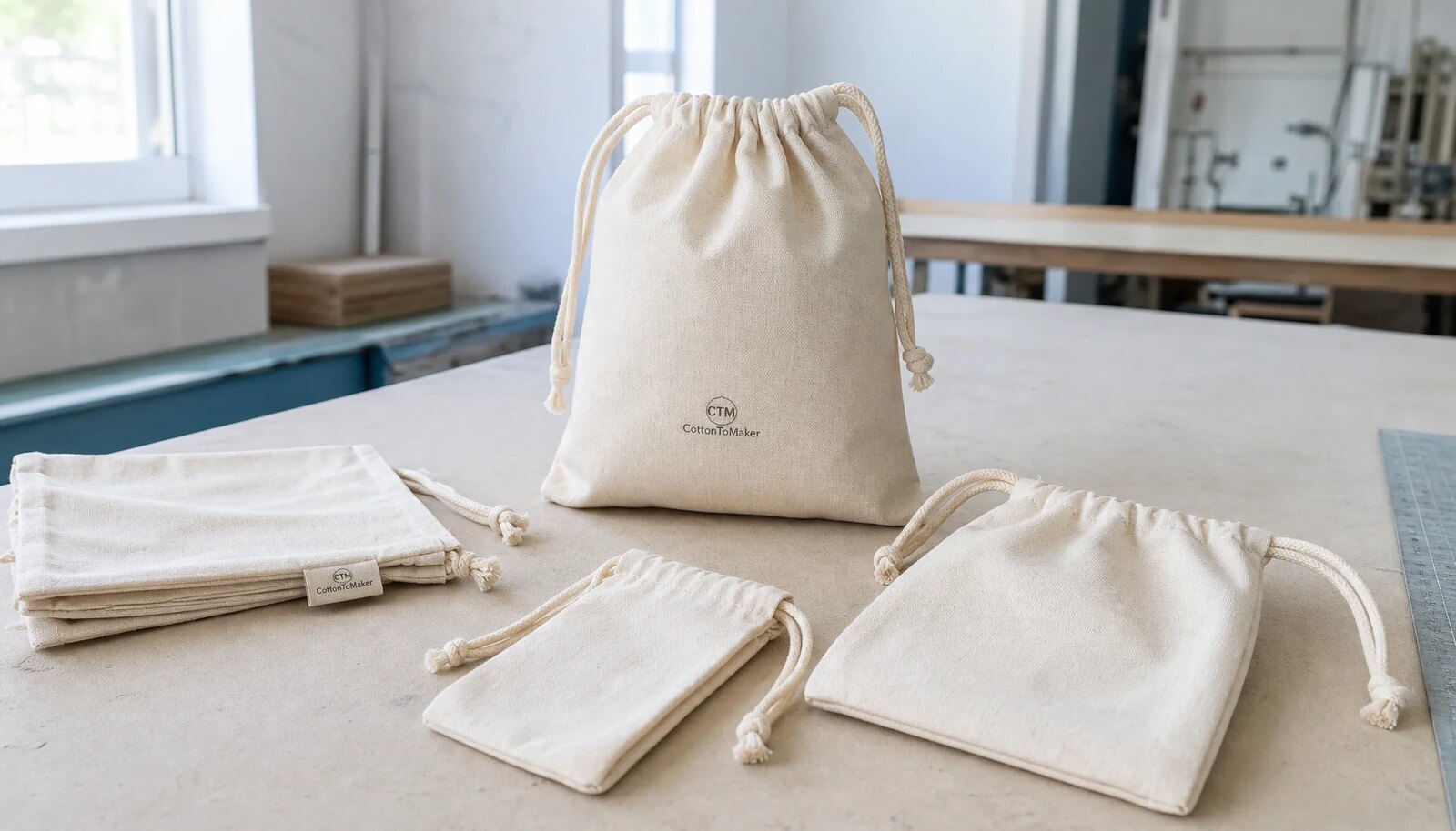 Natural cotton drawstring pouches with a small CTM sample logo printed on the front and a sewn side label in a factory sample room.