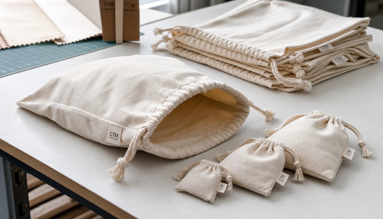 Cotton drawstring pouches with a simple CTM sample logo in a factory sample room.