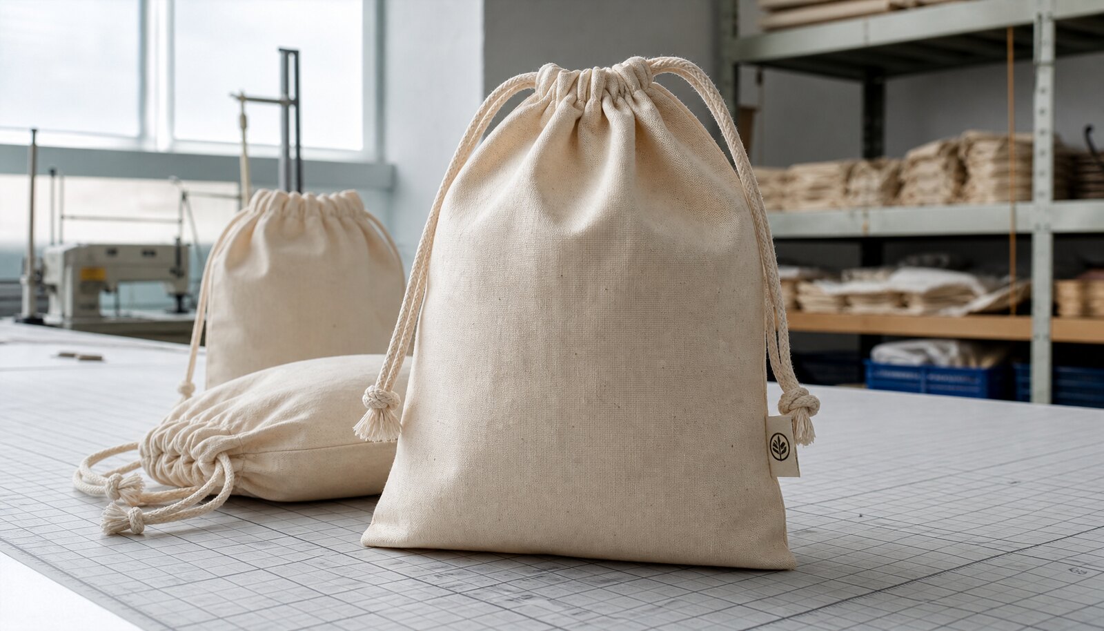 Natural cotton drawstring pouches with a small CTM sample label in a factory sample room.