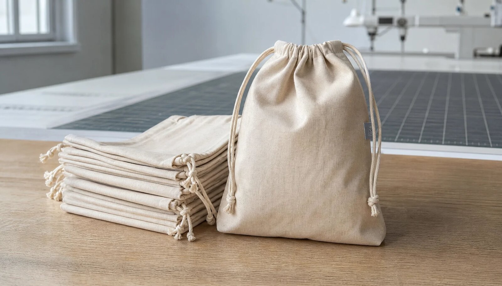 Photorealistic natural cotton drawstring pouch with CTM side label in a clean factory sample room