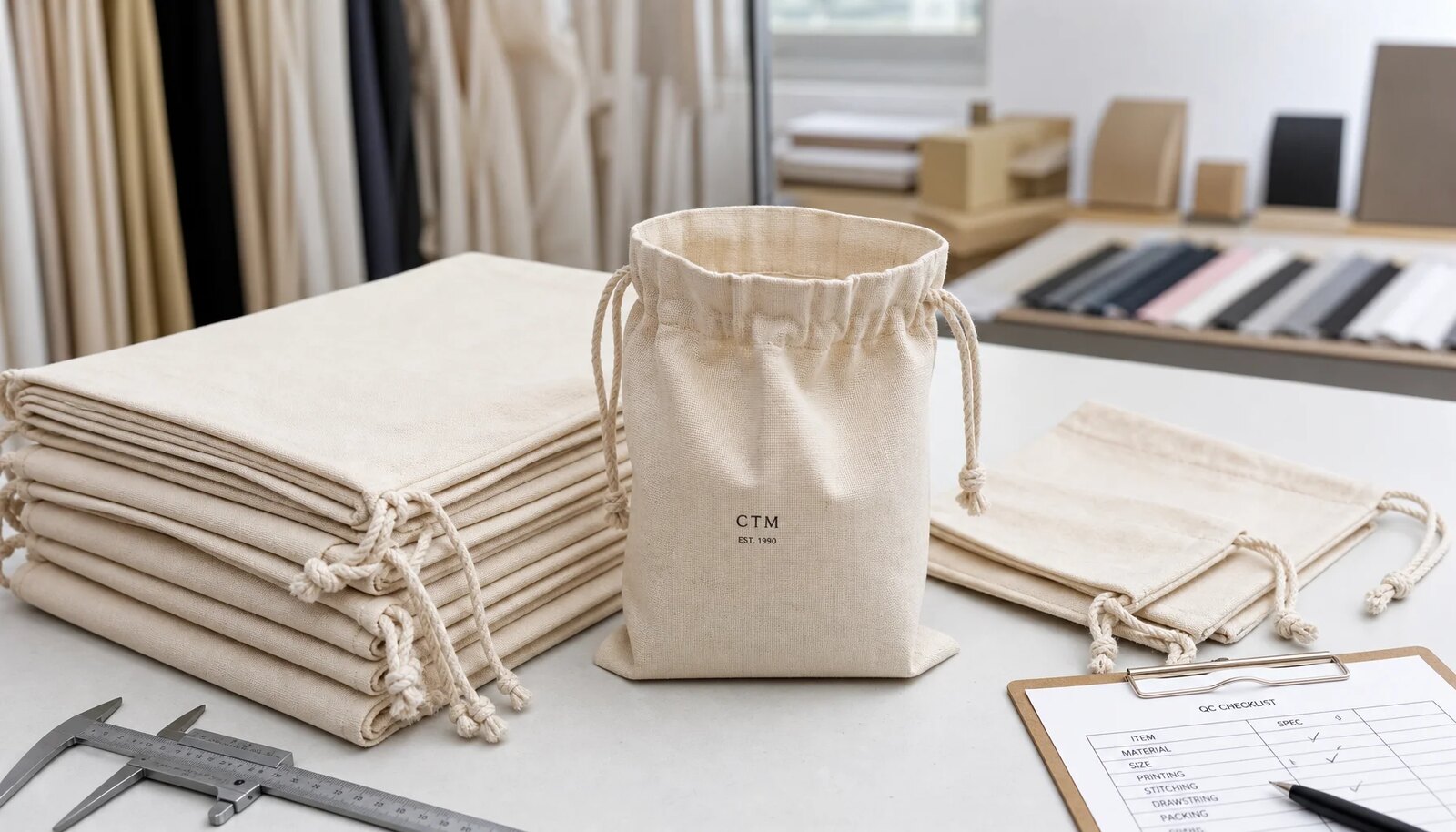 Natural cotton drawstring pouches with CTM sample logo, visible seams, cords, ruler, and quality checklist on a factory sample table