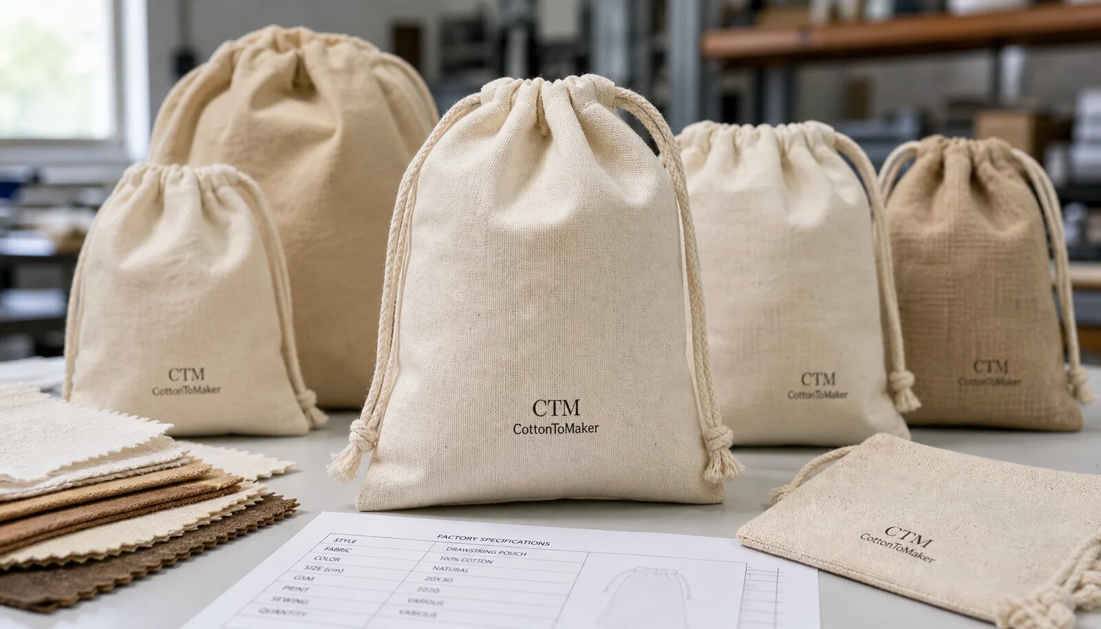 Natural cotton drawstring pouches with CTM sample logo and fabric swatches for craft fair sourcing
