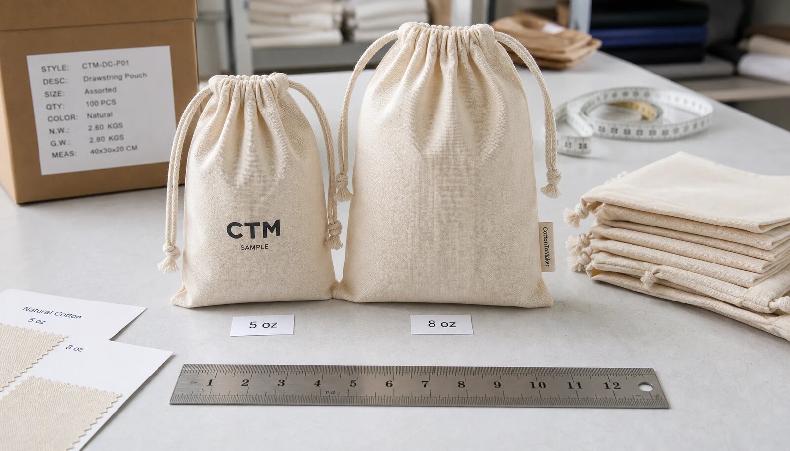 Natural cotton drawstring pouches with CTM logo sample print, woven side label, fabric swatches, and measuring tools in a factory sample room.