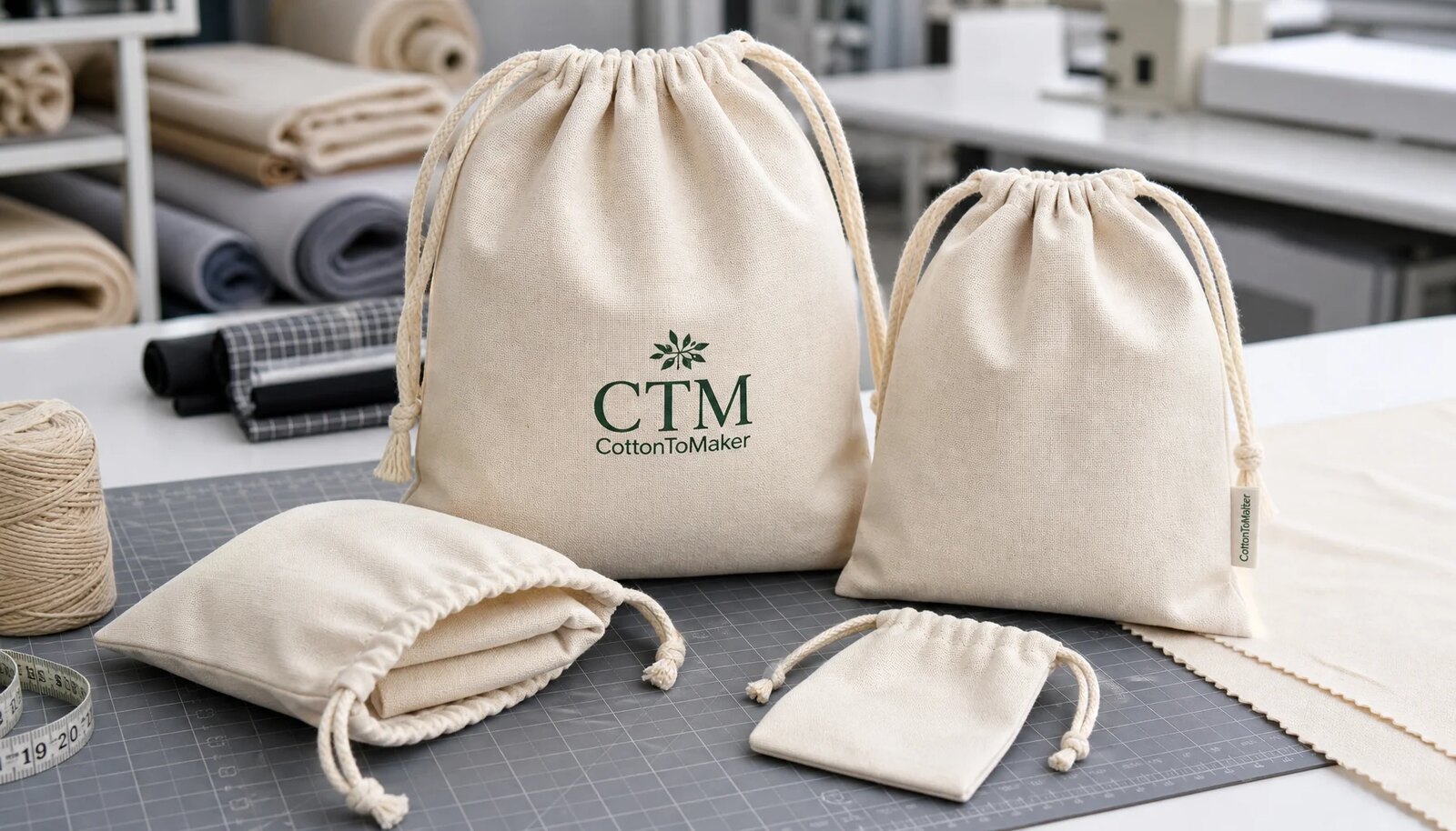 Natural cotton drawstring pouches with CTM sample logo and CottonToMaker side label on a clean studio table
