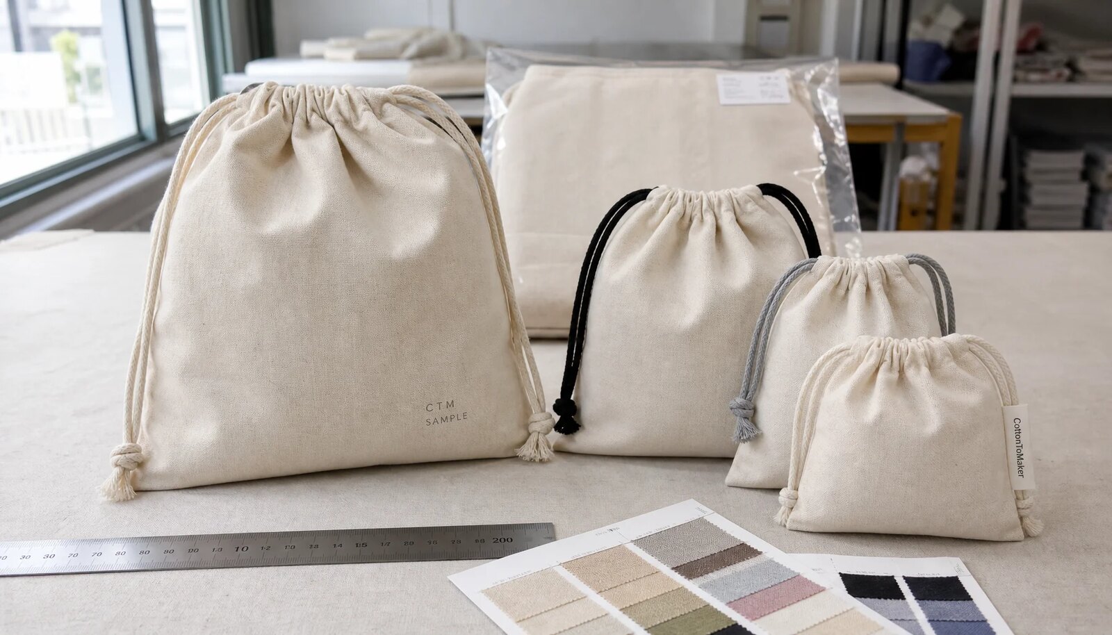 Natural cotton drawstring pouches with printed logo, sewn label, ruler, and fabric swatches in a factory sample room