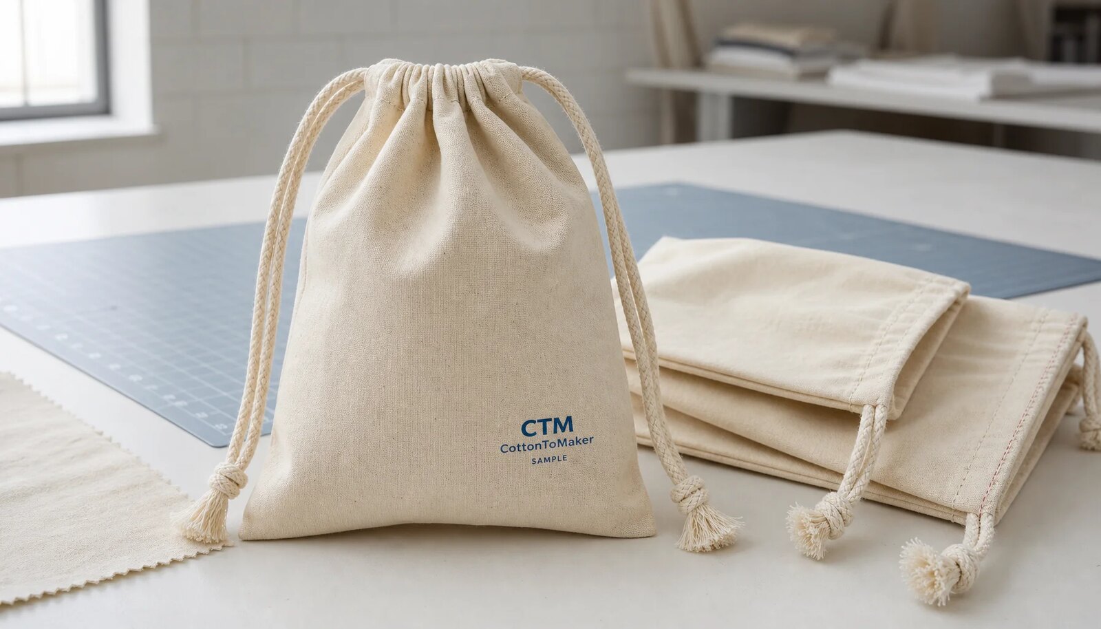Natural cotton drawstring pouches with a small CTM / CottonToMaker sample logo printed directly on the pouch in a clean factory sample room.
