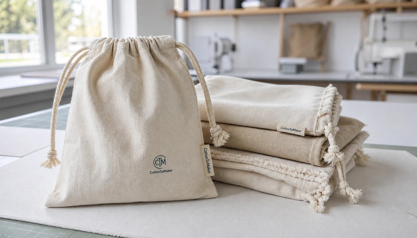 Cotton drawstring pouch with a small CTM logo printed on the front in a factory sample room