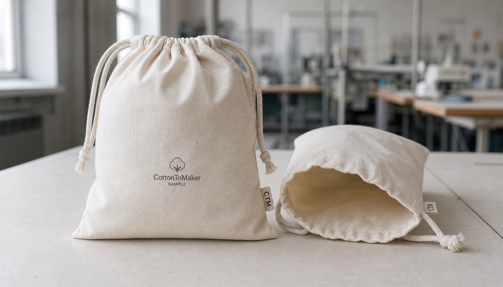 Cotton drawstring pouches with a CTM sample logo in a clean factory sample room.