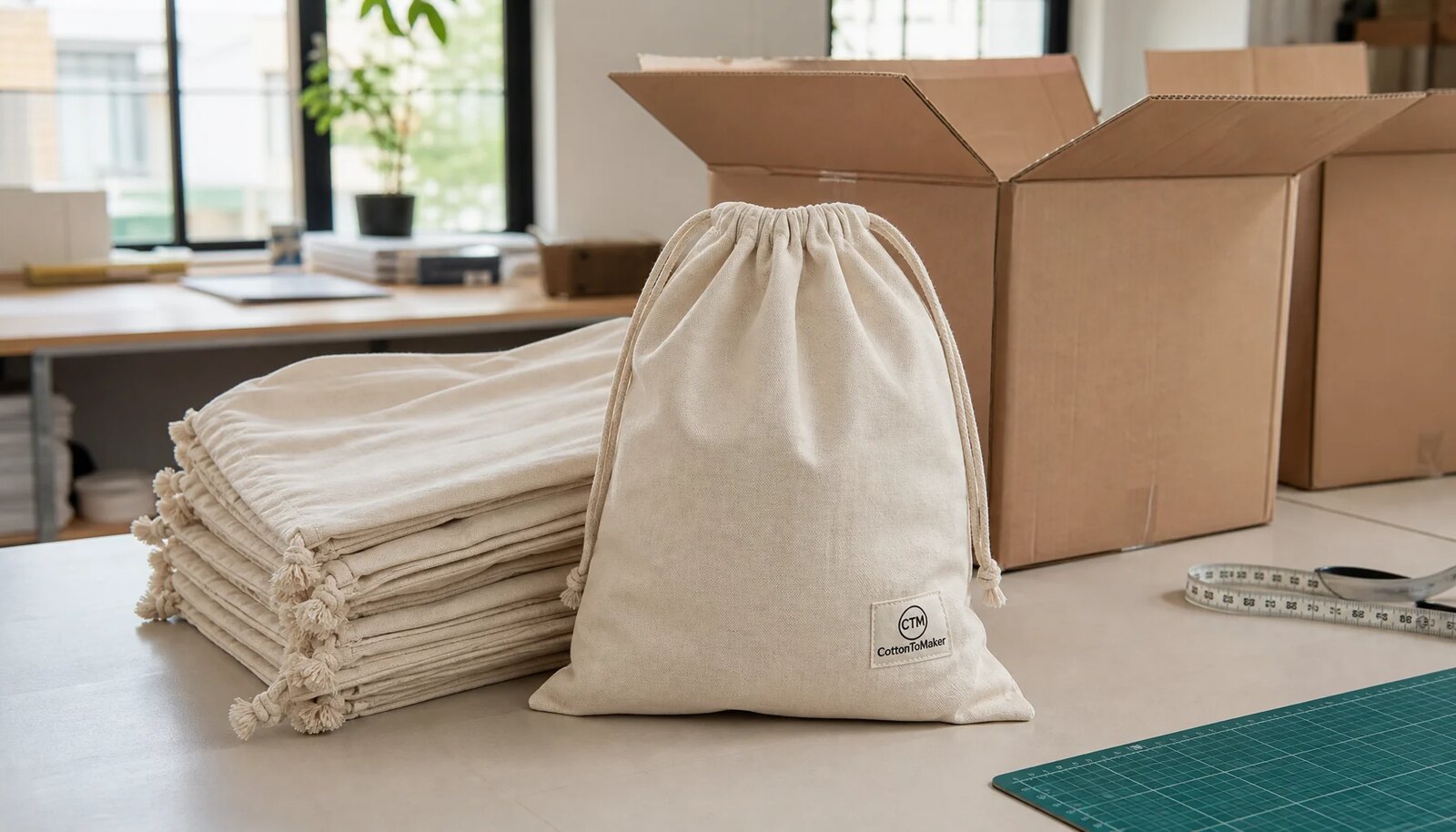Photorealistic cotton drawstring pouch sample with a CTM woven side label beside open export cartons in a clean factory sample room