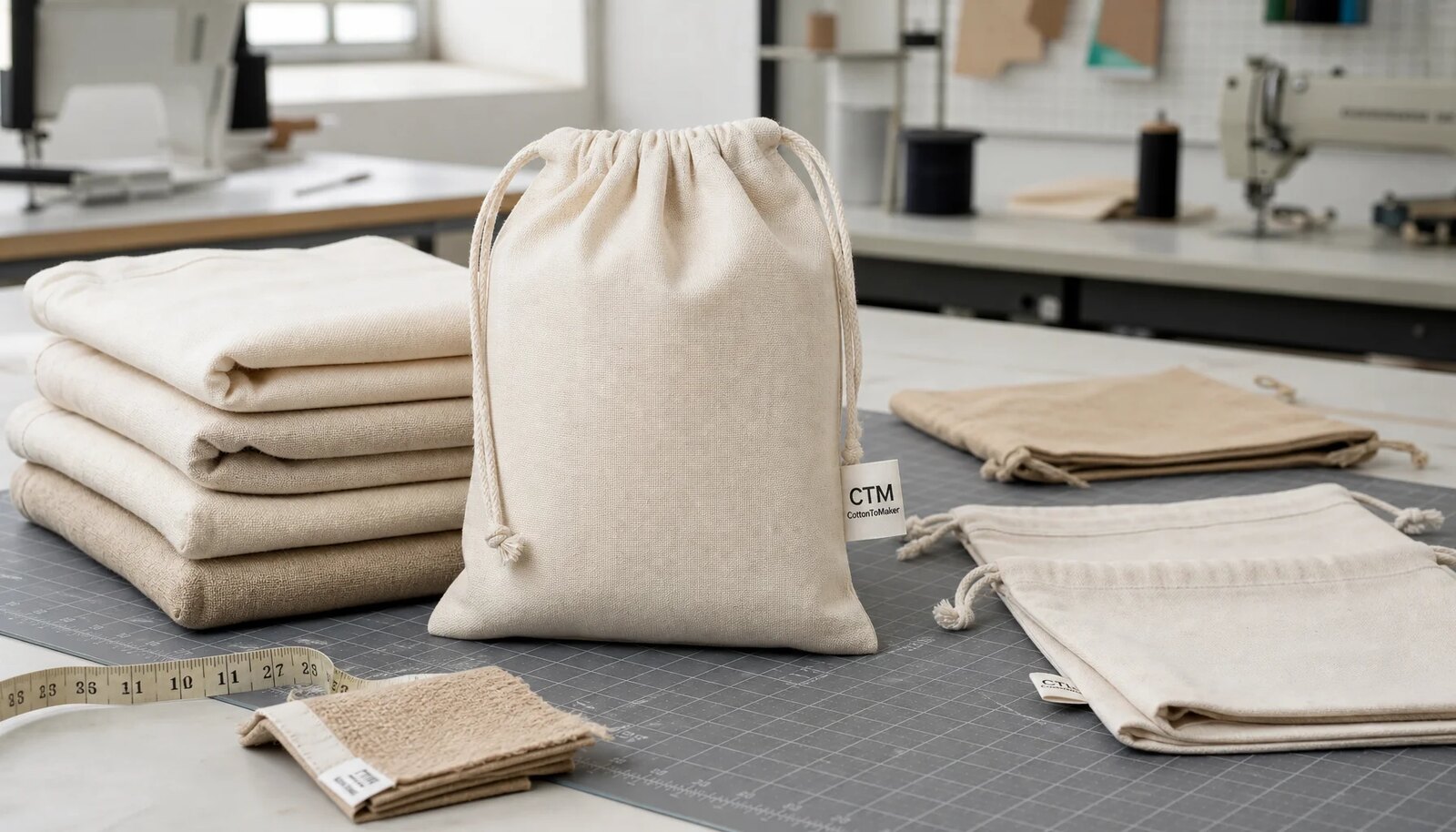Cotton drawstring pouches in different fabric weights with a small CTM woven side label in a factory sample room