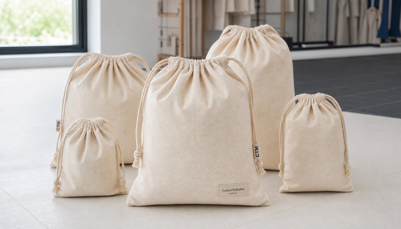 Cotton drawstring pouches with a CTM sample logo in a factory sample room