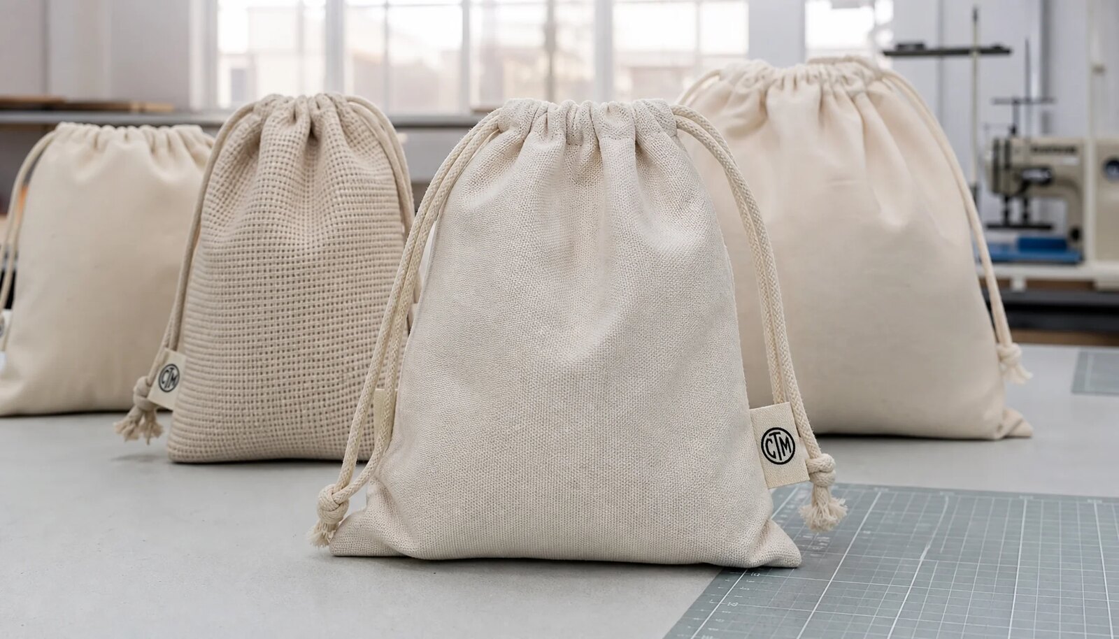 Cotton drawstring pouches with a small CTM side label in a clean factory sample room