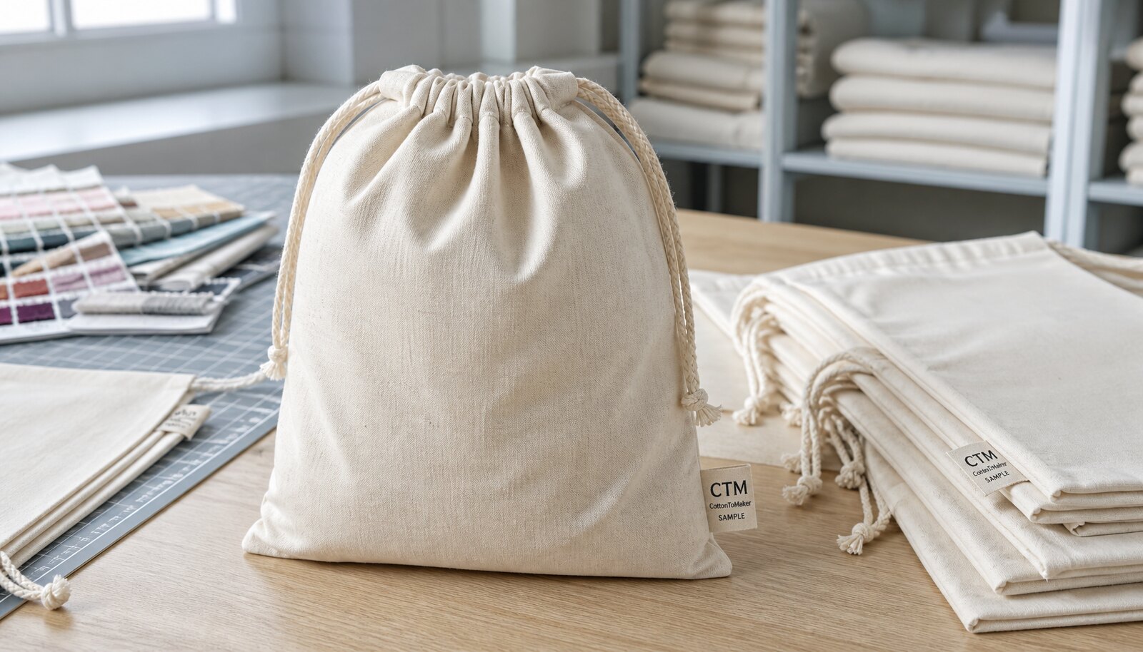 Natural cotton drawstring pouches with a small CTM CottonToMaker side label in a clean factory sample room