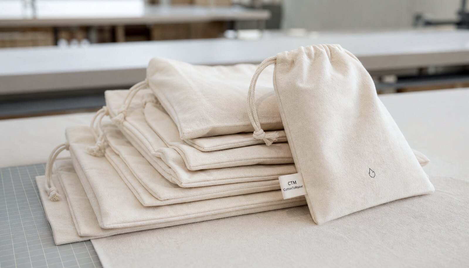 Natural cotton drawstring pouches with a small CTM side label in a clean factory sample room