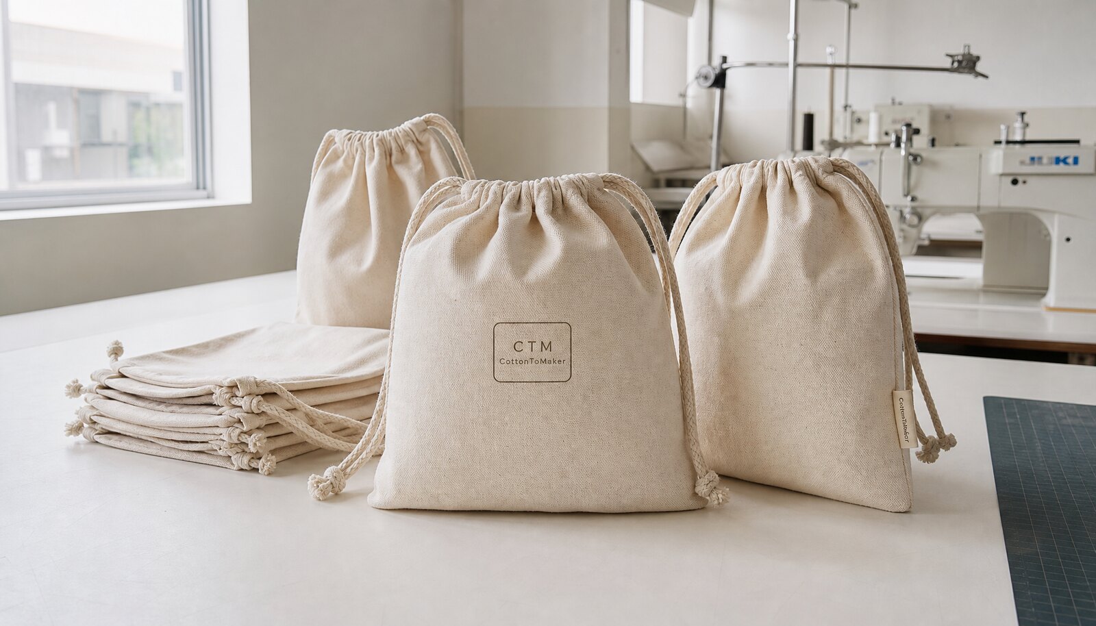 Photorealistic cotton drawstring pouches in a factory sample room with a simple CTM logo printed on the product