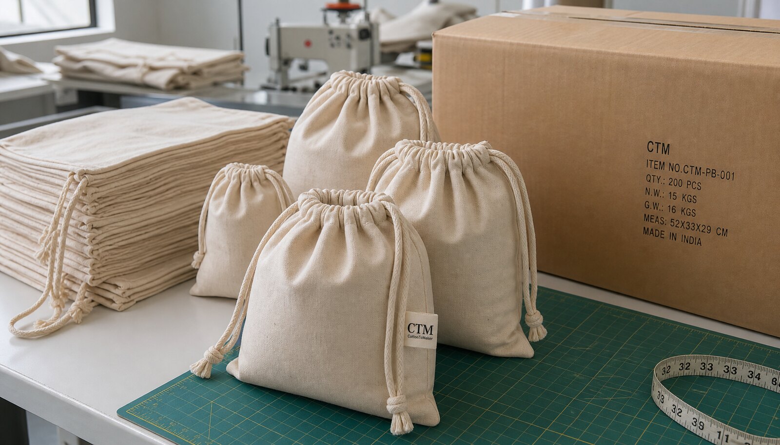 Cotton drawstring pouches with a small CTM woven side label in a clean factory sample room.