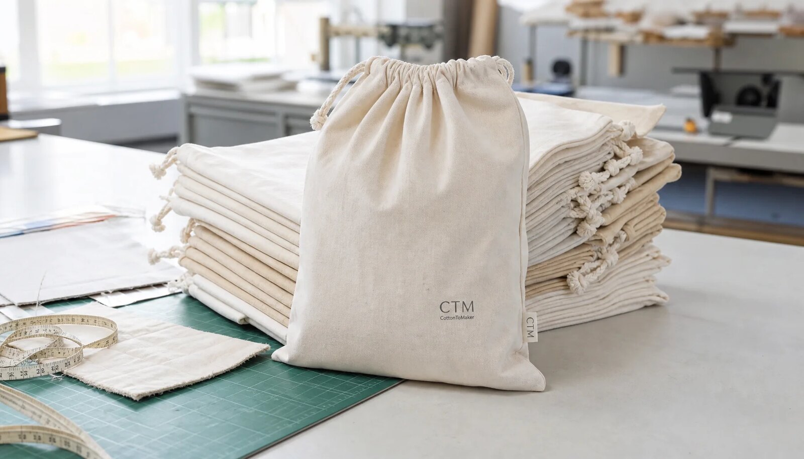 Cotton drawstring pouches with a simple CTM sample logo displayed in a clean factory sample room.