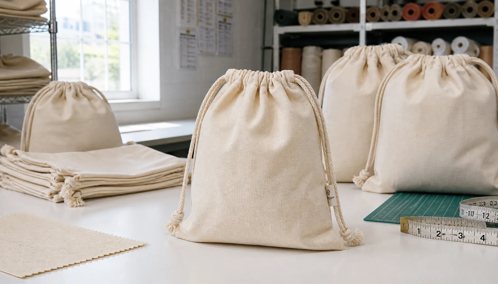 Natural cotton drawstring pouches with a small CTM sample logo in a factory sample room.