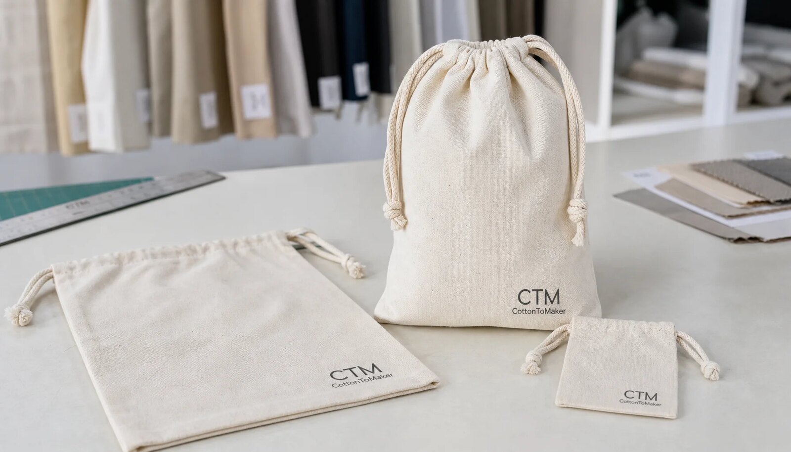 Natural cotton drawstring pouches with CTM logo printed on the front panel in a factory sample room