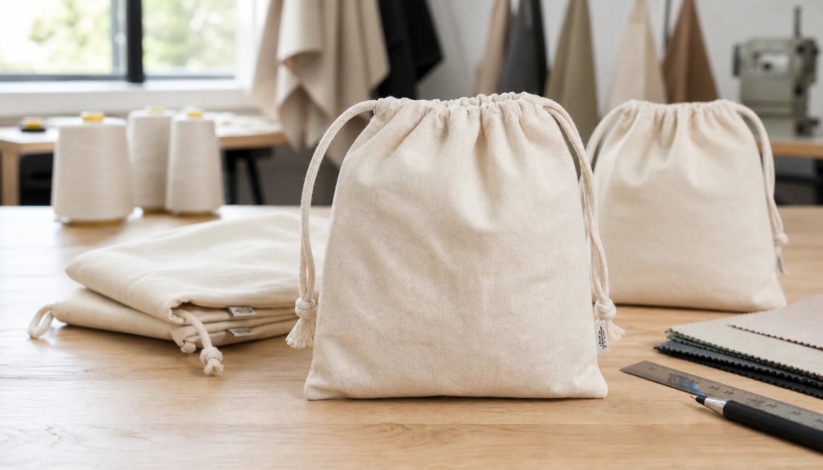 Cotton drawstring pouch with a CTM CottonToMaker side label on a clean sample-room table, photographed as a real factory sample.