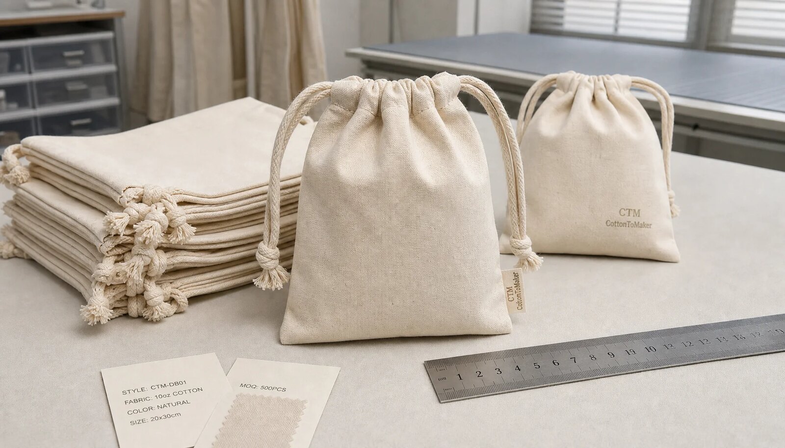 Natural cotton drawstring pouches with a visible CTM sample logo in a clean factory sample room.