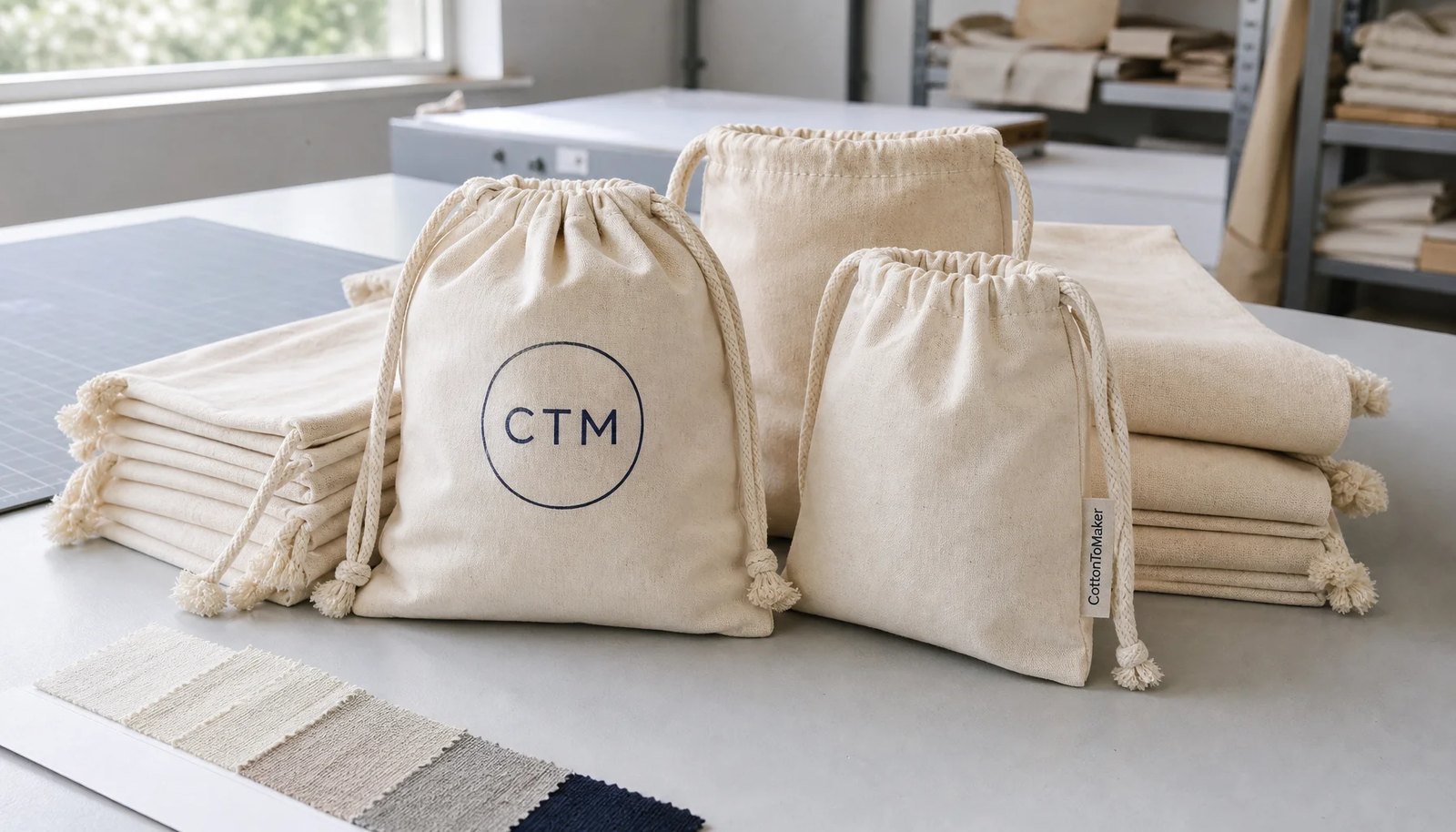 Natural cotton drawstring pouches with CTM sample logo printed on the front in a factory sample room