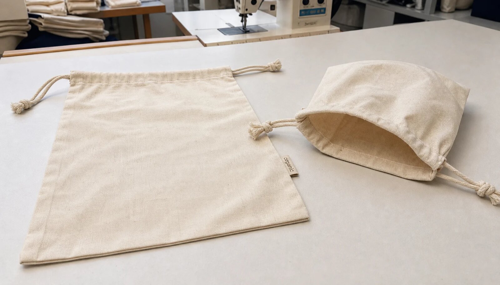 Natural cotton drawstring pouches with a CTM/CottonToMaker side label in a clean sample room.