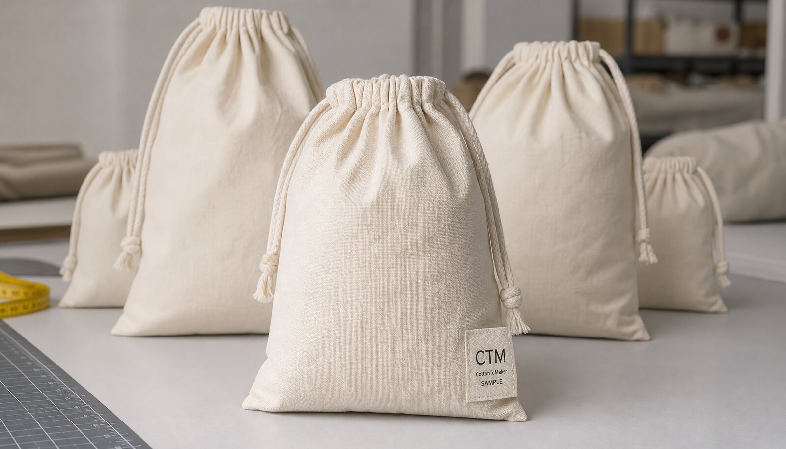 Natural cotton drawstring pouches with a CTM sample label in a clean factory sample room.