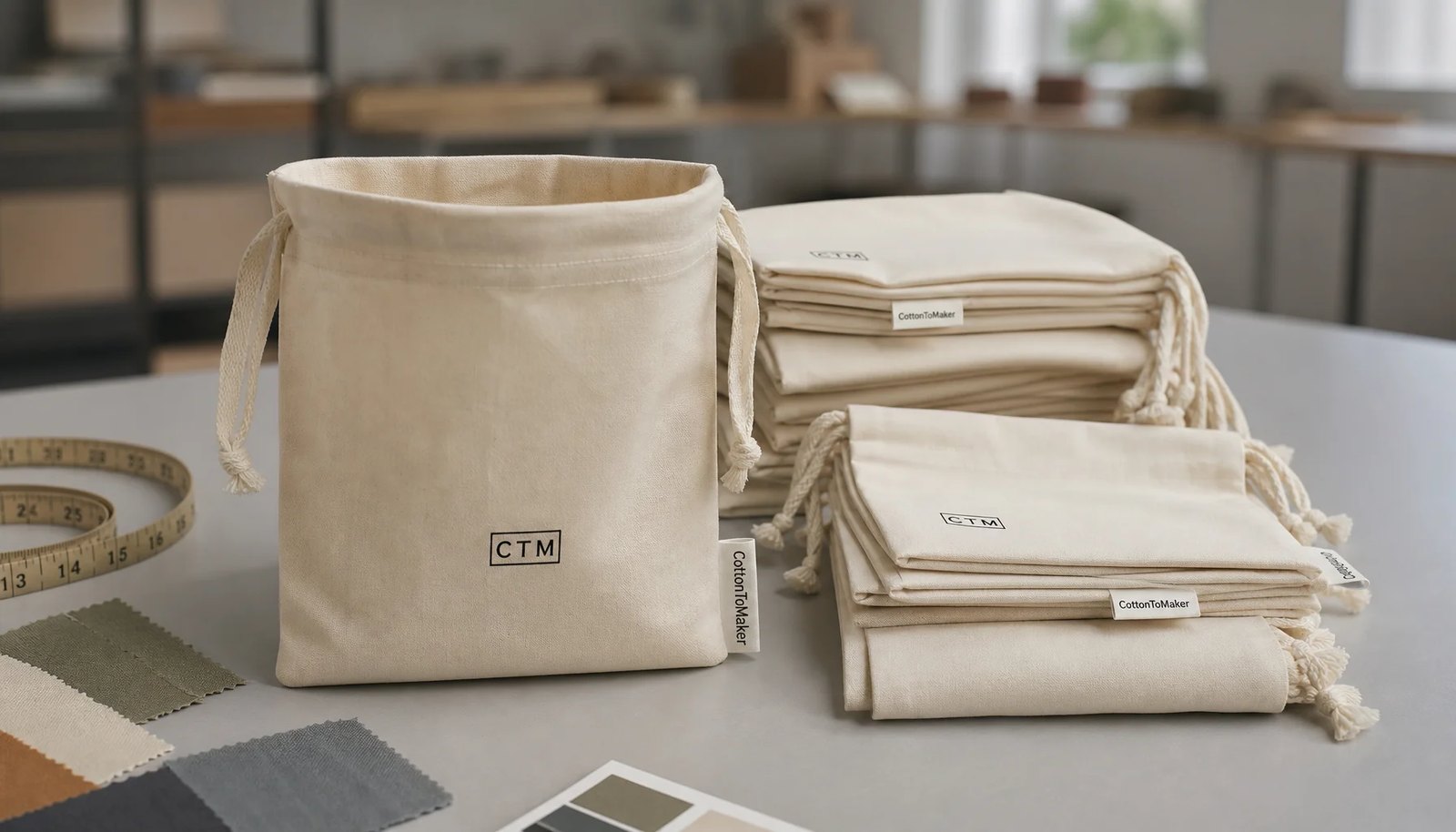 Natural cotton drawstring pouches with CTM logo in a factory sample room