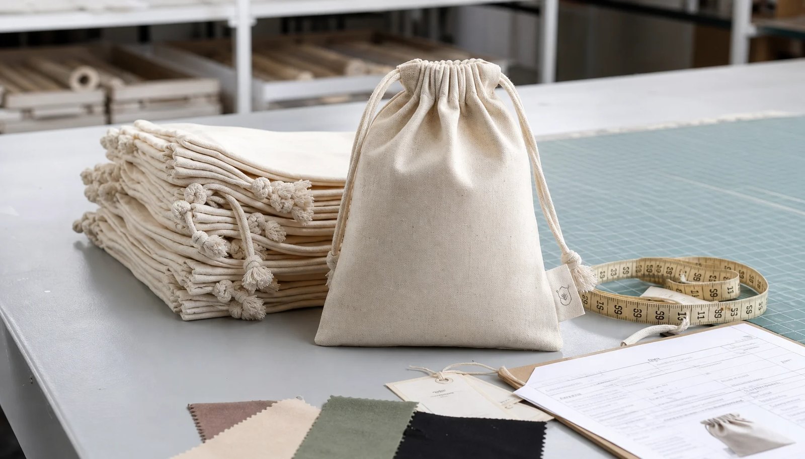 Natural cotton drawstring pouches with a small CTM woven label, fabric swatches, and inspection tags in a factory sample room.