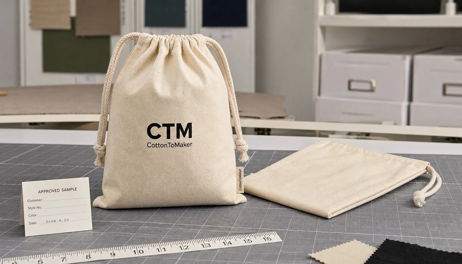 Natural cotton drawstring pouches with a sample logo printed on the front center