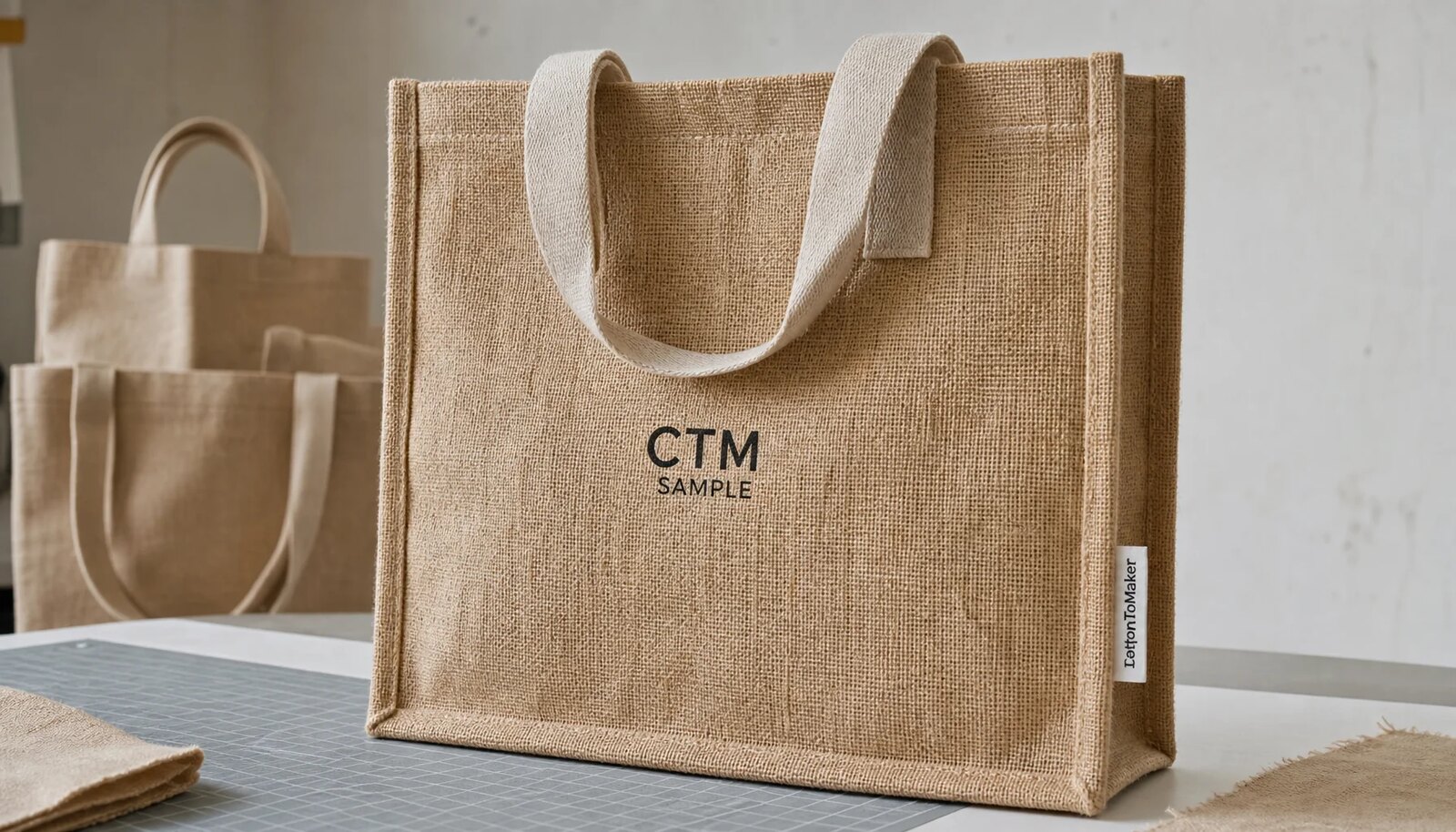Natural wholesale jute tote bags with CTM sample logo and CottonToMaker side label
