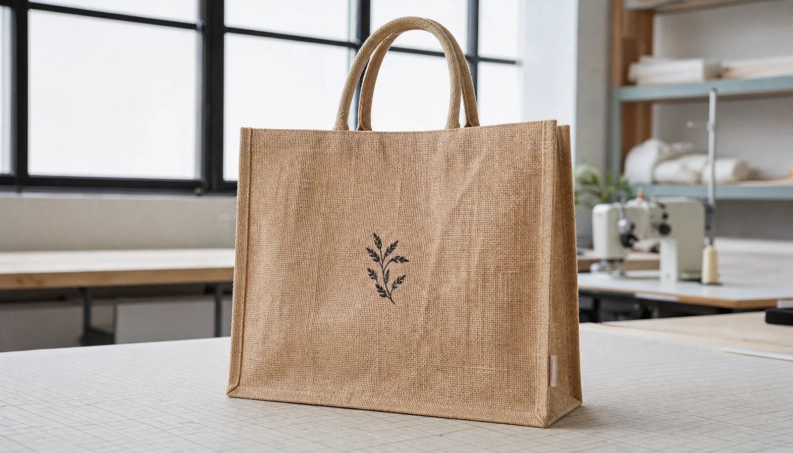 Natural jute tote bag with a sewn CTM/CottonToMaker side label in a factory sample room