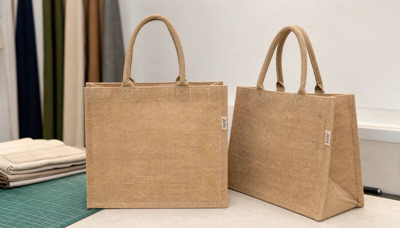 Natural jute tote bag with a simple CTM sample logo in a clean factory sample room