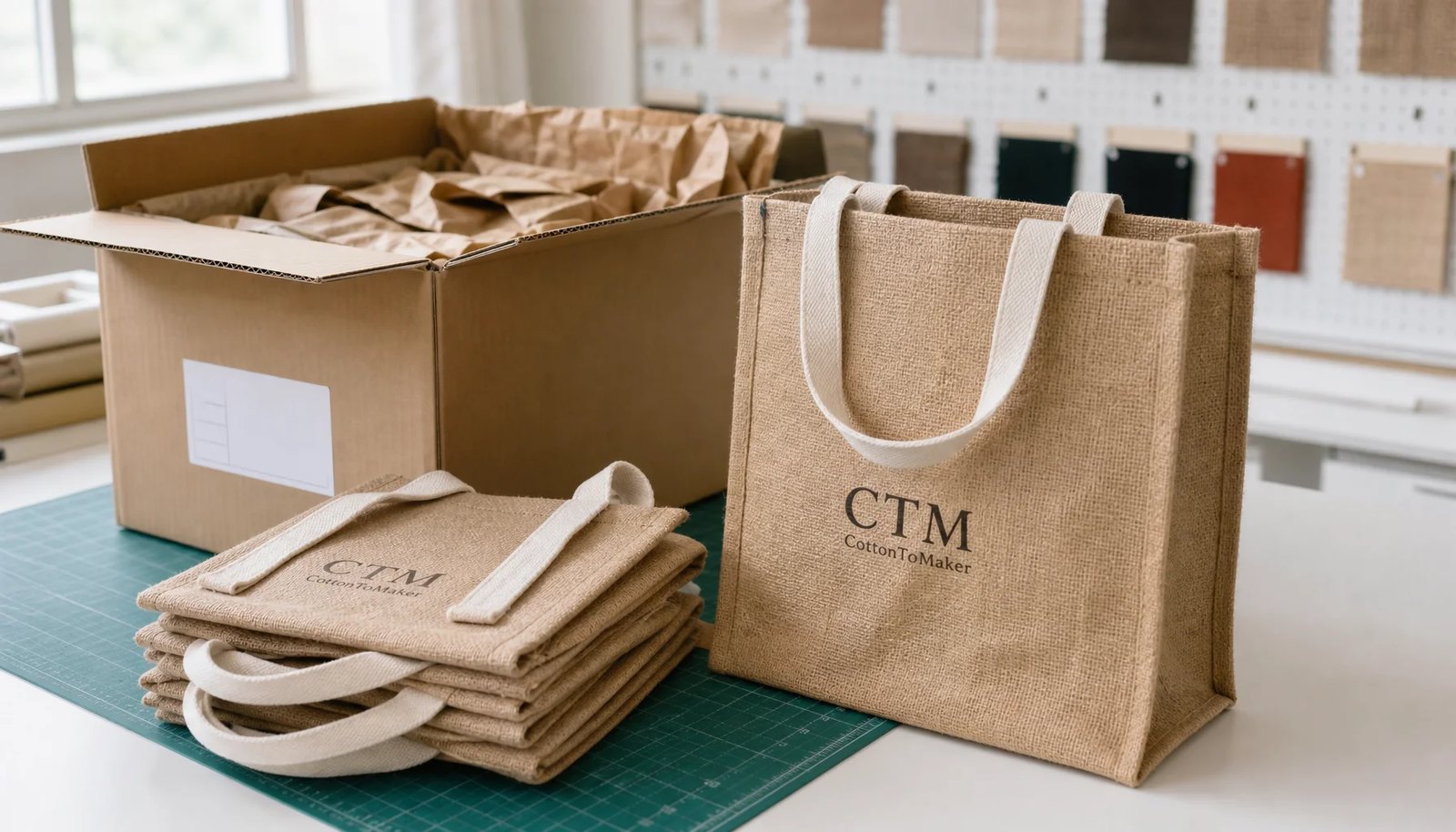 Natural jute tote bags with a CTM sample logo packed beside an export carton in a factory sample room